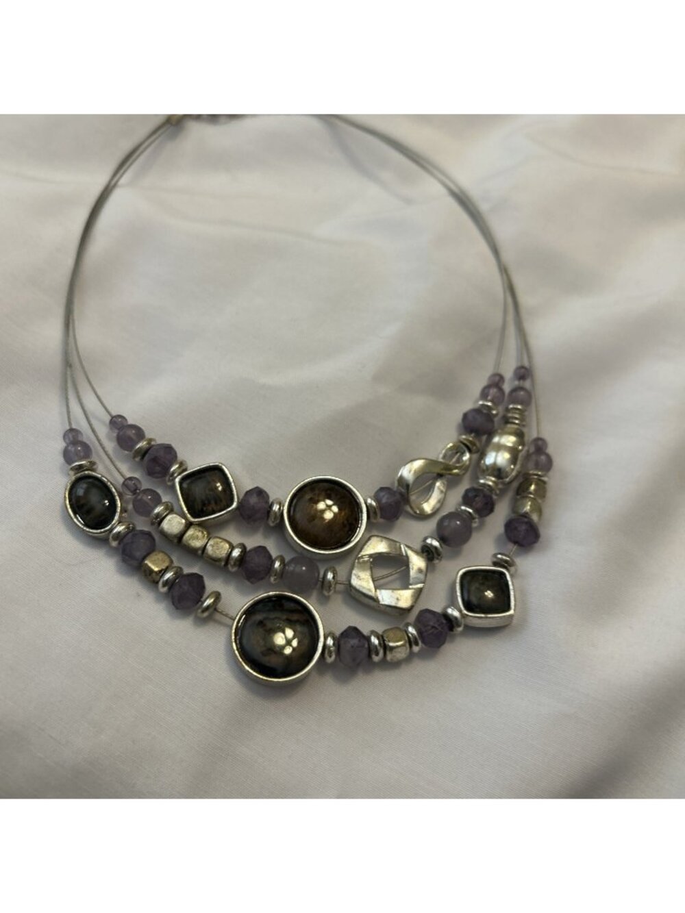 Women’s Purple Silver Tone Necklace With Music Note 3 Strand & Multi Color Stone
